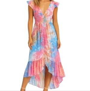 Shiraj Exports India Tie Dye Pastel Pink Blue Flutter Sleeve High Low Dress M